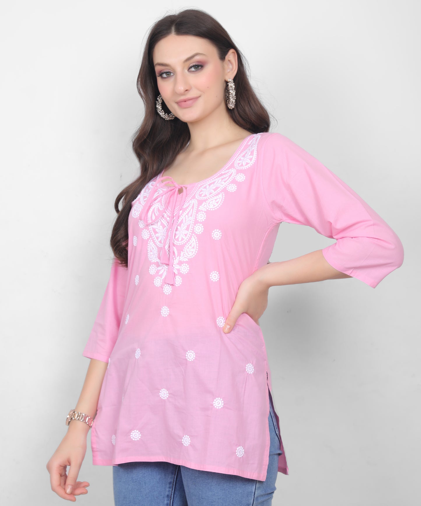 Women's Pure Cotton Chikankari Inspired Embroidered Short Kurti – Mustard Yellow, Pink, Sky Blue, Wine, Purple & White.