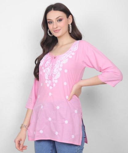 Women's Pure Cotton Chikankari Inspired Embroidered Short Kurti – Mustard Yellow, Pink, Sky Blue, Wine, Purple & White.