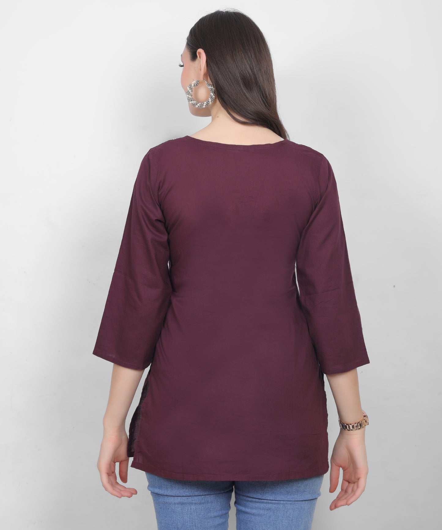 Women's Pure Cotton Chikankari Inspired Embroidered Short Kurti – Mustard Yellow, Pink, Sky Blue, Wine, Purple & White.