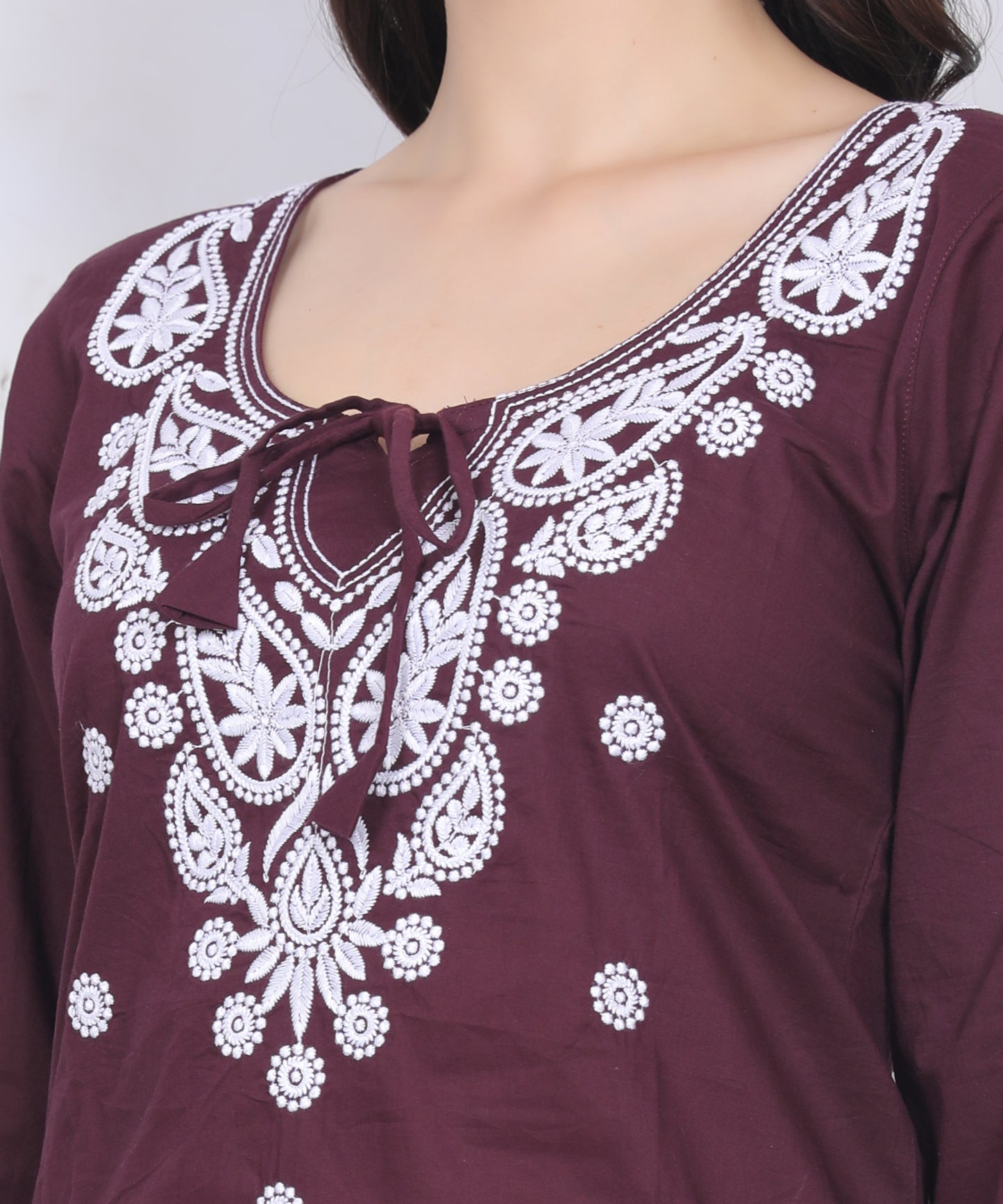 Women's Pure Cotton Chikankari Inspired Embroidered Short Kurti – Mustard Yellow, Pink, Sky Blue, Wine, Purple & White.