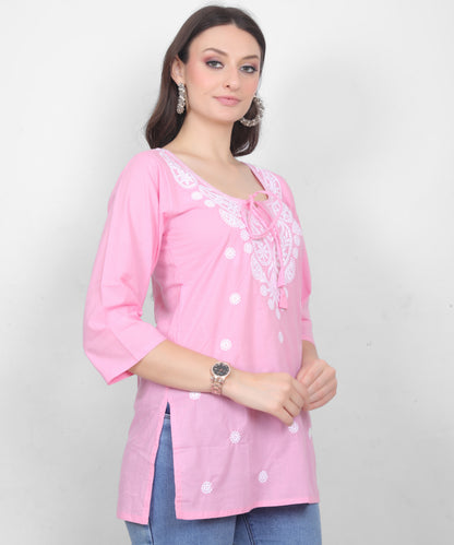 Women's Pure Cotton Chikankari Inspired Embroidered Short Kurti – Mustard Yellow, Pink, Sky Blue, Wine, Purple & White.