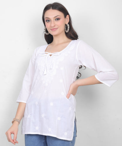 Women's Pure Cotton Chikankari Inspired Embroidered Short Kurti – Mustard Yellow, Pink, Sky Blue, Wine, Purple & White.