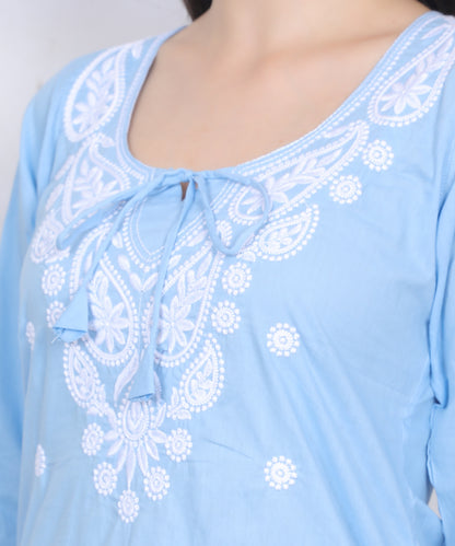 Women's Pure Cotton Chikankari Inspired Embroidered Short Kurti – Mustard Yellow, Pink, Sky Blue, Wine, Purple & White.