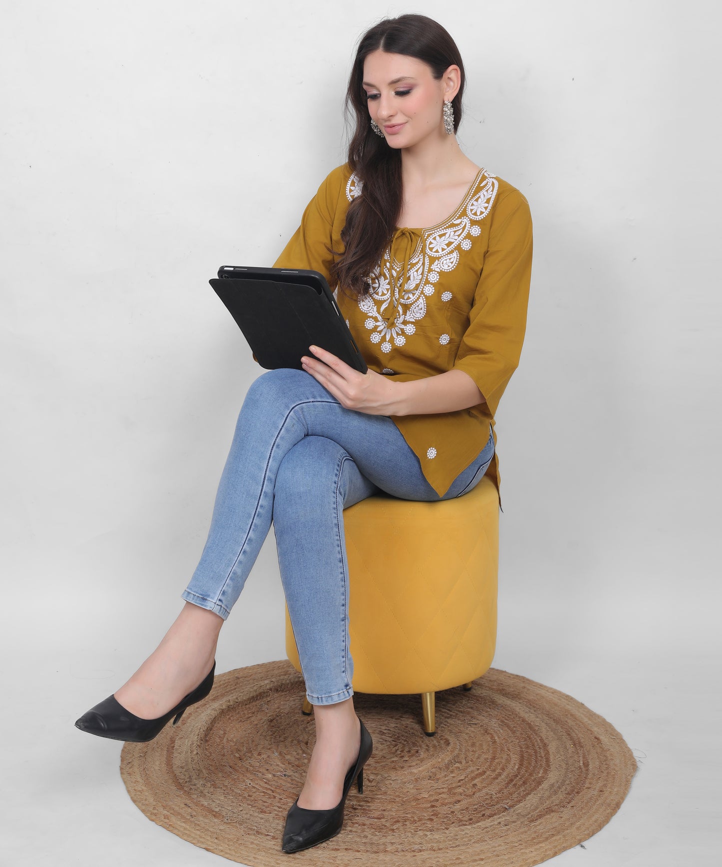 Women's Pure Cotton Chikankari Inspired Embroidered Short Kurti – Mustard Yellow, Pink, Sky Blue, Wine, Purple & White.