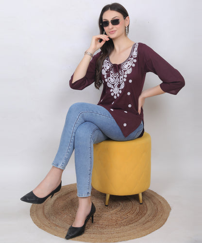 Women's Pure Cotton Chikankari Inspired Embroidered Short Kurti – Mustard Yellow, Pink, Sky Blue, Wine, Purple & White.