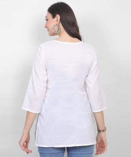 Women's Pure Cotton Chikankari Inspired Embroidered Short Kurti – Mustard Yellow, Pink, Sky Blue, Wine, Purple & White.