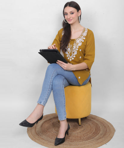 Women's Pure Cotton Chikankari Inspired Embroidered Short Kurti – Mustard Yellow, Pink, Sky Blue, Wine, Purple & White.