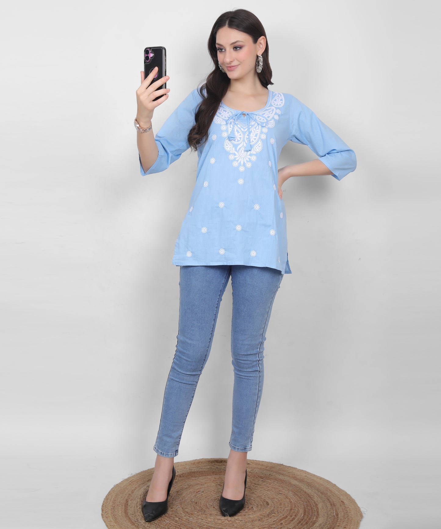 Women's Pure Cotton Chikankari Inspired Embroidered Short Kurti – Mustard Yellow, Pink, Sky Blue, Wine, Purple & White.