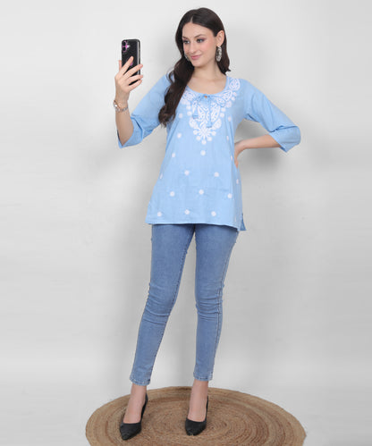 Women's Pure Cotton Chikankari Inspired Embroidered Short Kurti – Mustard Yellow, Pink, Sky Blue, Wine, Purple & White.