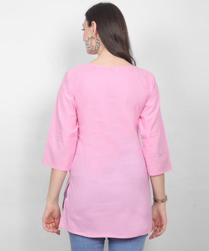 Women's Pure Cotton Chikankari Inspired Embroidered Short Kurti – Mustard Yellow, Pink, Sky Blue, Wine, Purple & White.
