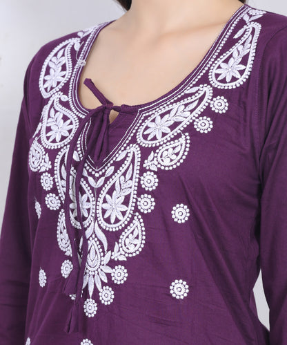 Women's Pure Cotton Chikankari Inspired Embroidered Short Kurti – Mustard Yellow, Pink, Sky Blue, Wine, Purple & White.