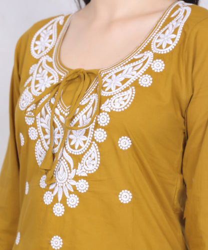Women's Pure Cotton Chikankari Inspired Embroidered Short Kurti – Mustard Yellow, Pink, Sky Blue, Wine, Purple & White.