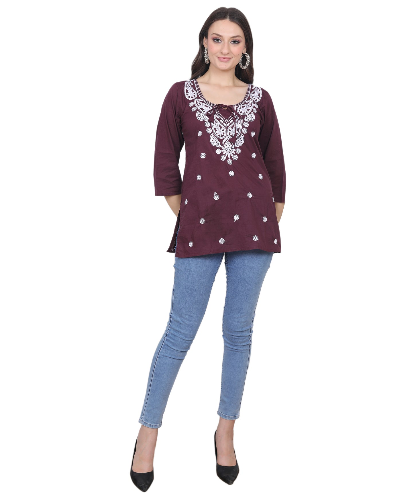 Women's Pure Cotton Chikankari Inspired Embroidered Short Kurti – Mustard Yellow, Pink, Sky Blue, Wine, Purple & White.