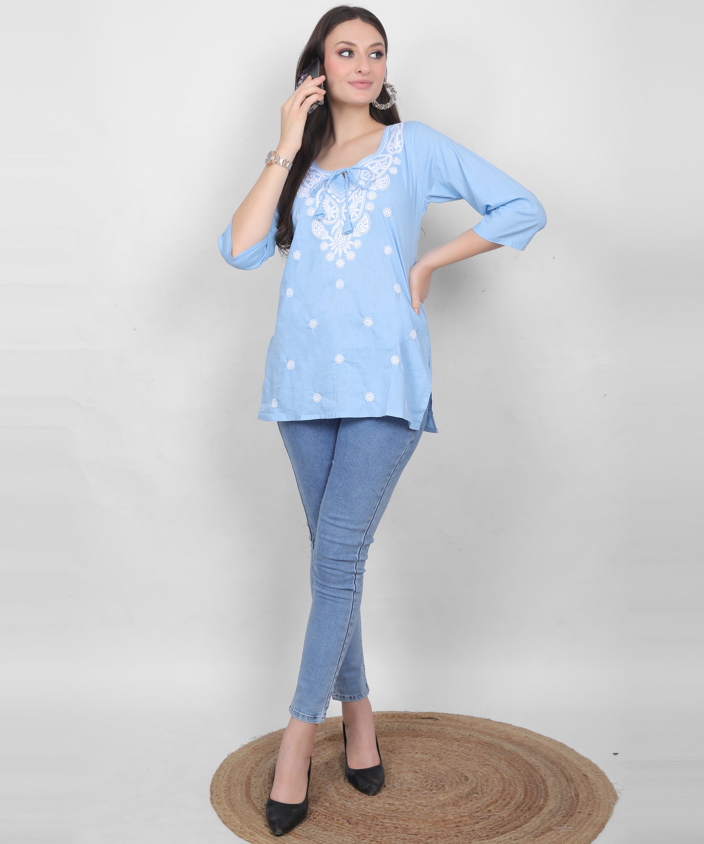 Women's Pure Cotton Chikankari Inspired Embroidered Short Kurti – Mustard Yellow, Pink, Sky Blue, Wine, Purple & White.