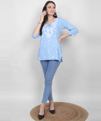 Women's Pure Cotton Chikankari Inspired Embroidered Short Kurti – Mustard Yellow, Pink, Sky Blue, Wine, Purple & White.