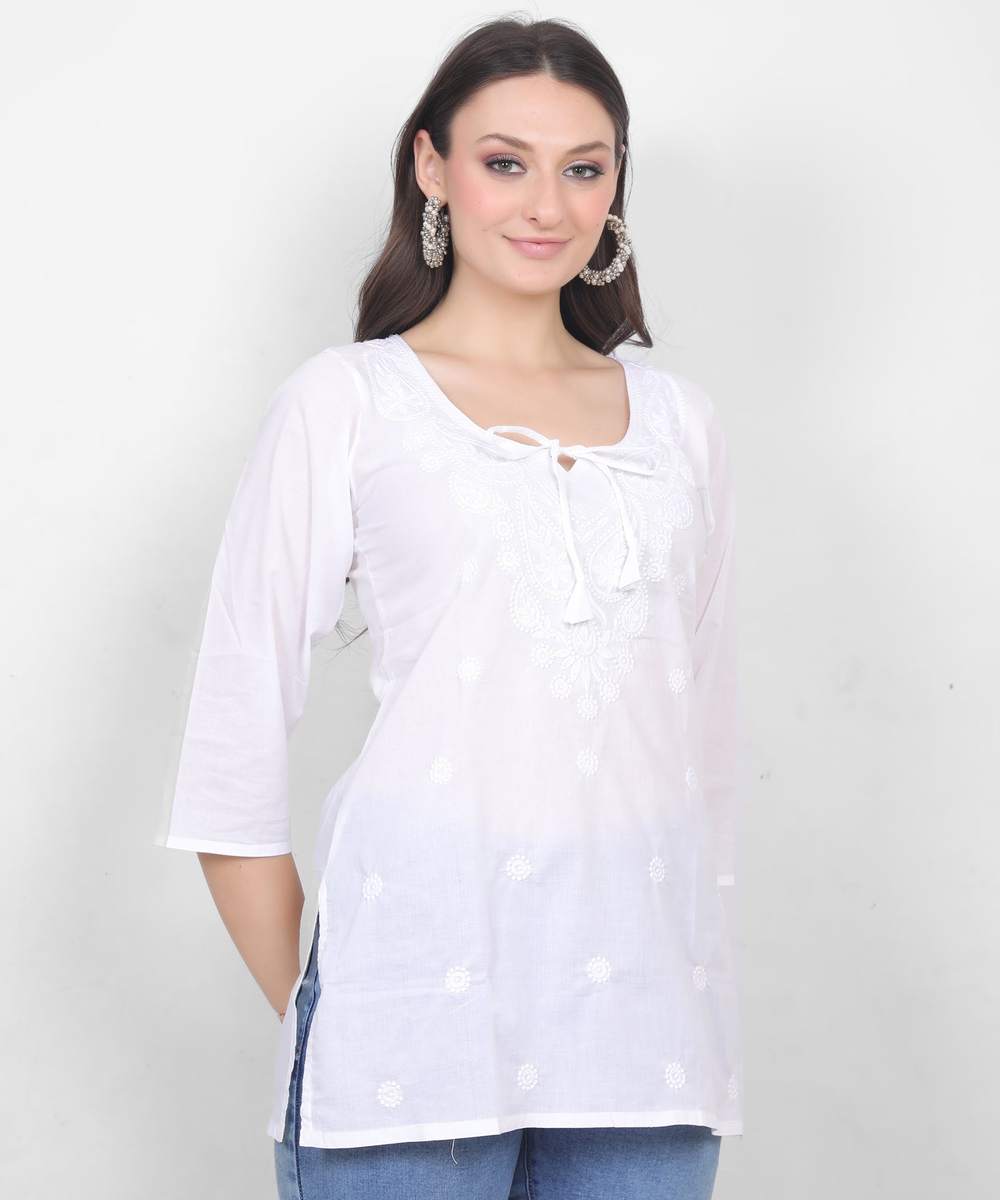 Women's Pure Cotton Chikankari Inspired Embroidered Short Kurti – Mustard Yellow, Pink, Sky Blue, Wine, Purple & White.