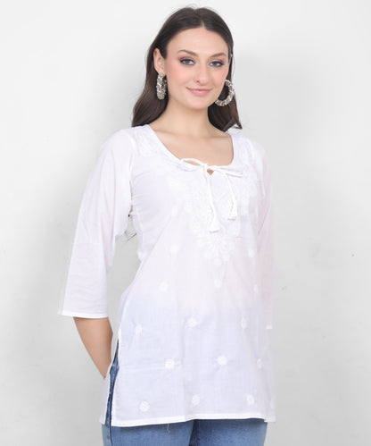 Women's Pure Cotton Chikankari Inspired Embroidered Short Kurti – Mustard Yellow, Pink, Sky Blue, Wine, Purple & White.