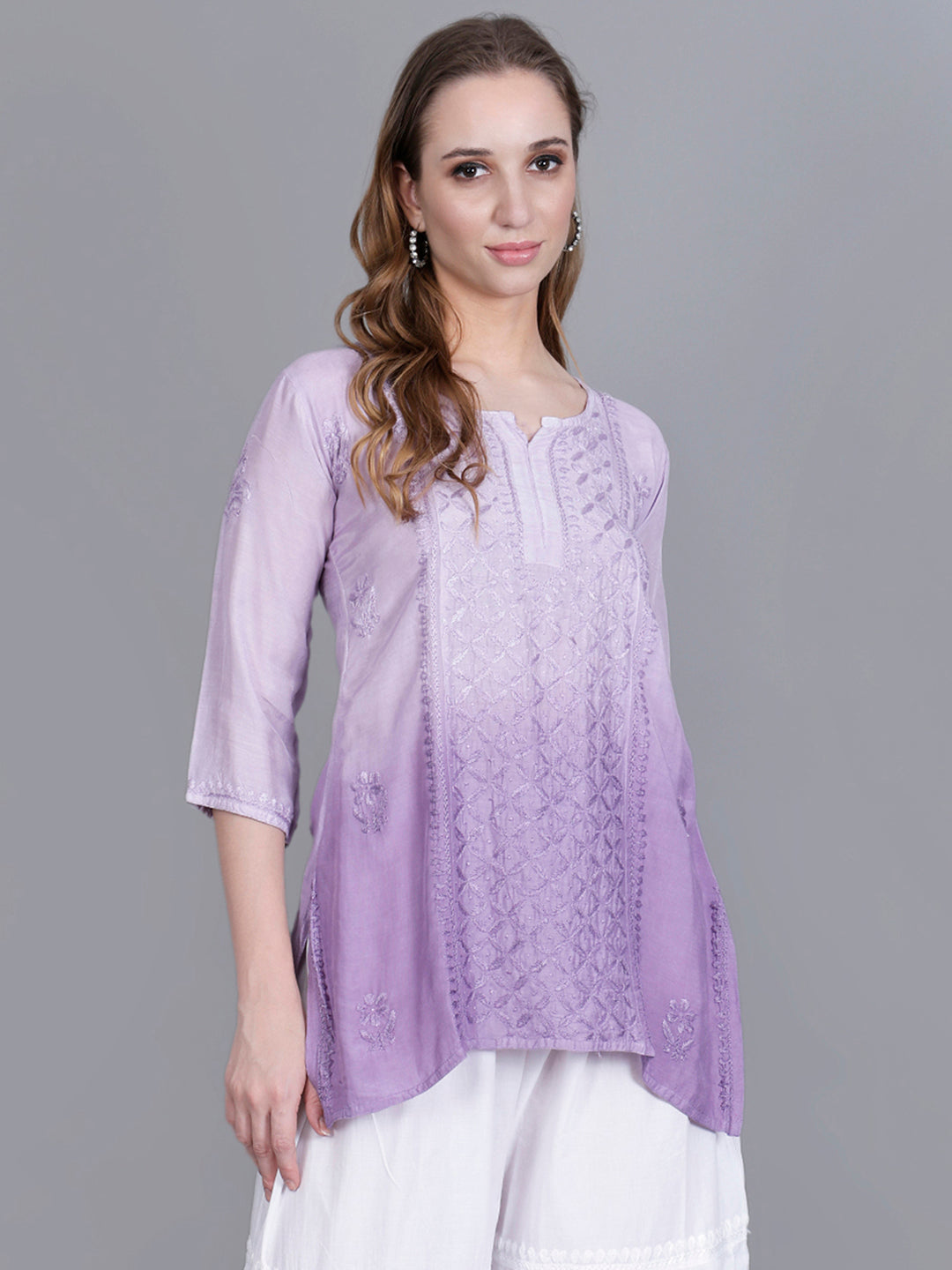 The Chikankari Story Women’s Hand-Embroidered Short Kurti with Fine Lucknowi Panel Work – Ombre Shades in Purple, Green, Brown, Powder Blue & Onion Red.