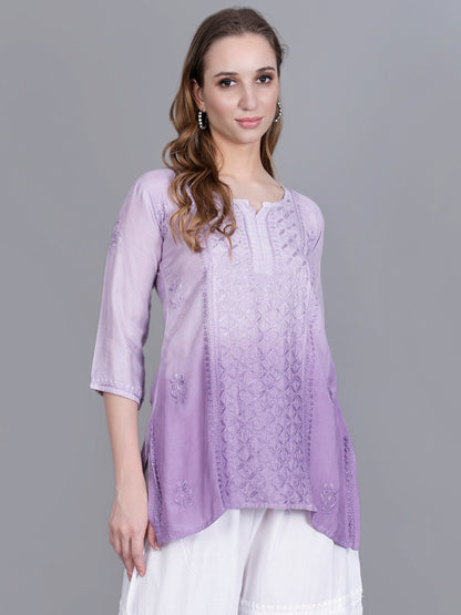The Chikankari Story Women’s Hand-Embroidered Short Kurti with Fine Lucknowi Panel Work – Ombre Shades in Purple, Green, Brown, Powder Blue & Onion Red.