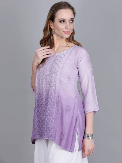 The Chikankari Story Women’s Hand-Embroidered Short Kurti with Fine Lucknowi Panel Work – Ombre Shades in Purple, Green, Brown, Powder Blue & Onion Red.