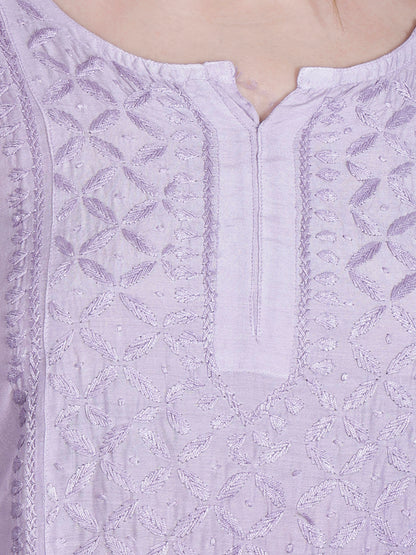 The Chikankari Story Women’s Hand-Embroidered Short Kurti with Fine Lucknowi Panel Work – Ombre Shades in Purple, Green, Brown, Powder Blue & Onion Red.