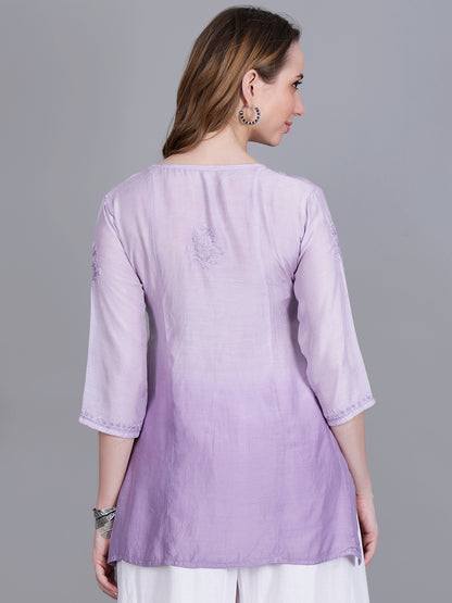 The Chikankari Story Women’s Hand-Embroidered Short Kurti with Fine Lucknowi Panel Work – Ombre Shades in Purple, Green, Brown, Powder Blue & Onion Red.