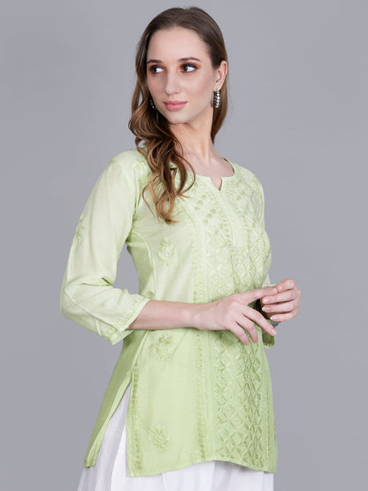The Chikankari Story Women’s Hand-Embroidered Short Kurti with Fine Lucknowi Panel Work – Ombre Shades in Purple, Green, Brown, Powder Blue & Onion Red.
