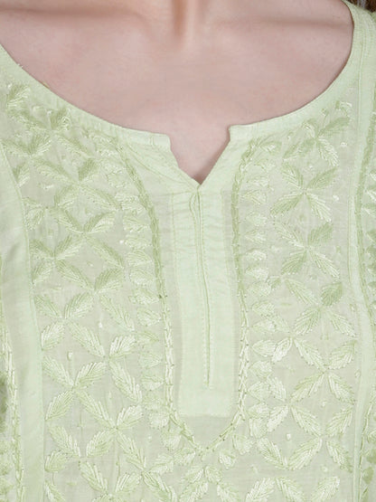 The Chikankari Story Women’s Hand-Embroidered Short Kurti with Fine Lucknowi Panel Work – Ombre Shades in Purple, Green, Brown, Powder Blue & Onion Red.
