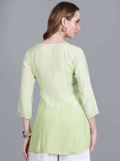 The Chikankari Story Women’s Hand-Embroidered Short Kurti with Fine Lucknowi Panel Work – Ombre Shades in Purple, Green, Brown, Powder Blue & Onion Red.
