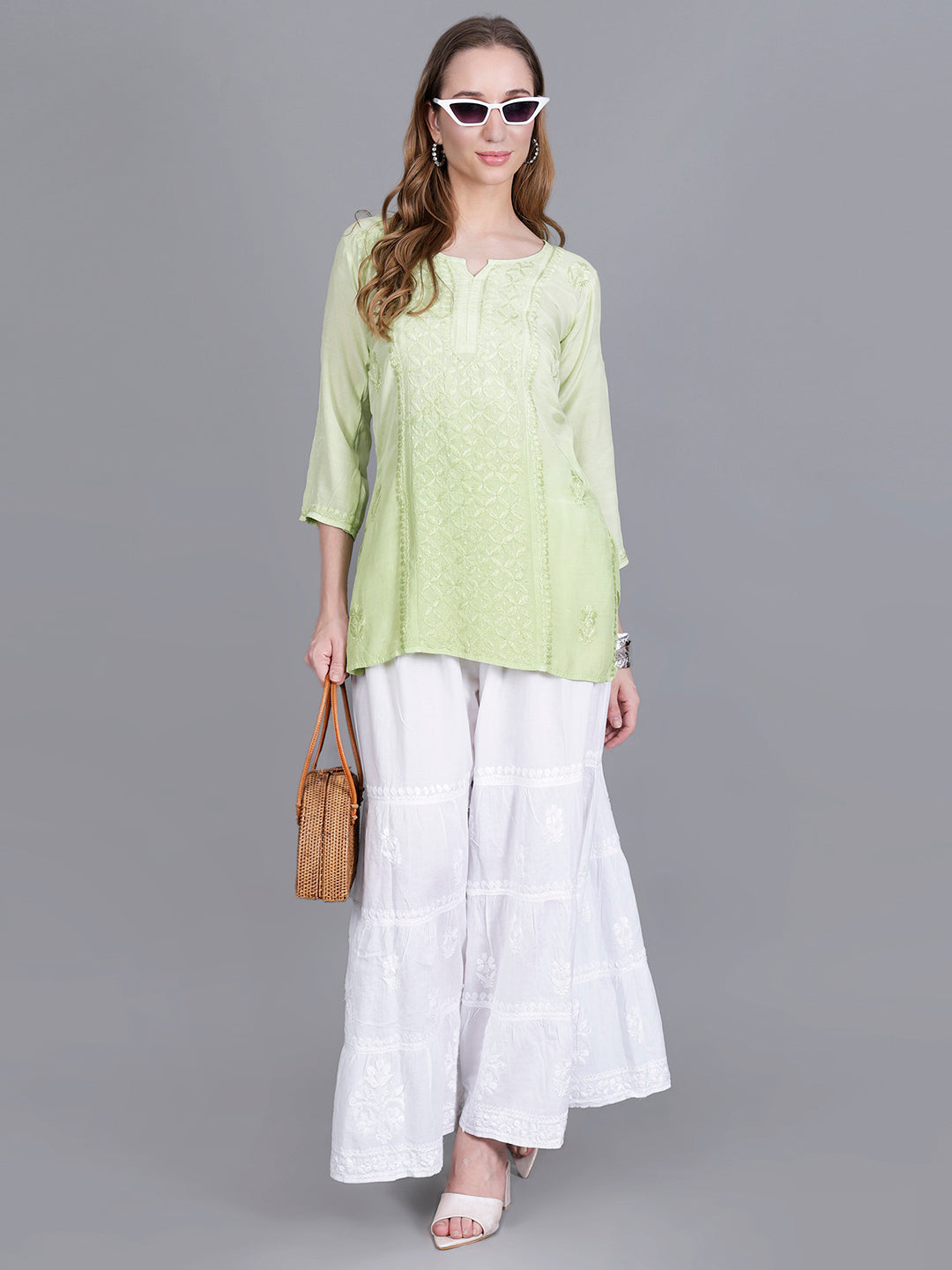 The Chikankari Story Women’s Hand-Embroidered Short Kurti with Fine Lucknowi Panel Work – Ombre Shades in Purple, Green, Brown, Powder Blue & Onion Red.