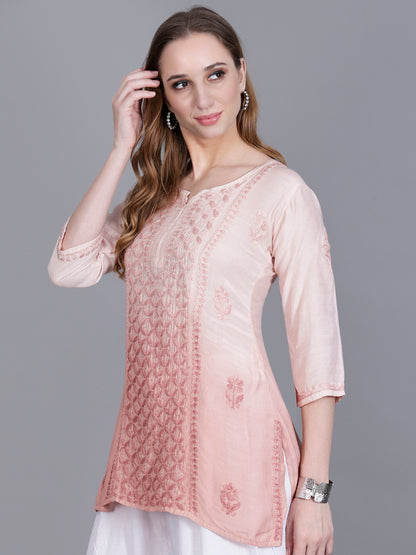 The Chikankari Story Women’s Hand-Embroidered Short Kurti with Fine Lucknowi Panel Work – Ombre Shades in Purple, Green, Brown, Powder Blue & Onion Red.