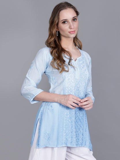 The Chikankari Story Women’s Hand-Embroidered Short Kurti with Fine Lucknowi Panel Work – Ombre Shades in Purple, Green, Brown, Powder Blue & Onion Red.