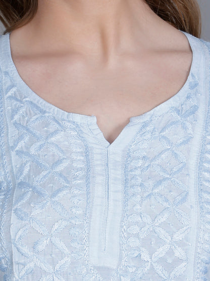 The Chikankari Story Women’s Hand-Embroidered Short Kurti with Fine Lucknowi Panel Work – Ombre Shades in Purple, Green, Brown, Powder Blue & Onion Red.