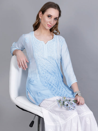 The Chikankari Story Women’s Hand-Embroidered Short Kurti with Fine Lucknowi Panel Work – Ombre Shades in Purple, Green, Brown, Powder Blue & Onion Red.