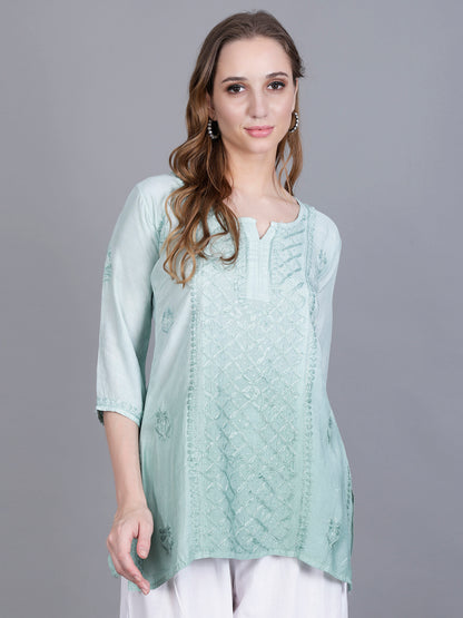 The Chikankari Story Women’s Hand-Embroidered Short Kurti with Fine Lucknowi Panel Work – Ombre Shades in Purple, Green, Brown, Powder Blue & Onion Red.