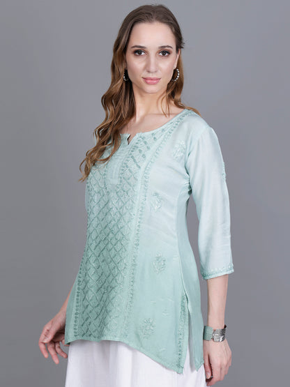 The Chikankari Story Women’s Hand-Embroidered Short Kurti with Fine Lucknowi Panel Work – Ombre Shades in Purple, Green, Brown, Powder Blue & Onion Red.