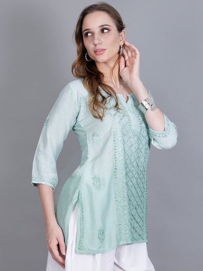 The Chikankari Story Women’s Hand-Embroidered Short Kurti with Fine Lucknowi Panel Work – Ombre Shades in Purple, Green, Brown, Powder Blue & Onion Red.
