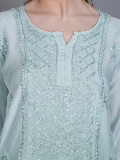 The Chikankari Story Women’s Hand-Embroidered Short Kurti with Fine Lucknowi Panel Work – Ombre Shades in Purple, Green, Brown, Powder Blue & Onion Red.