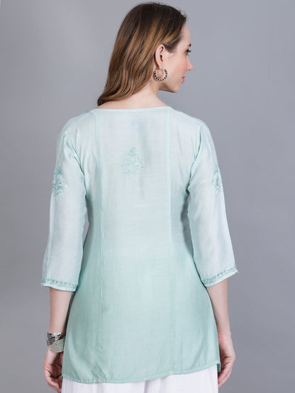 The Chikankari Story Women’s Hand-Embroidered Short Kurti with Fine Lucknowi Panel Work – Ombre Shades in Purple, Green, Brown, Powder Blue & Onion Red.