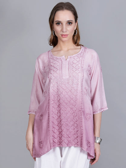 The Chikankari Story Women’s Hand-Embroidered Short Kurti with Fine Lucknowi Panel Work – Ombre Shades in Purple, Green, Brown, Powder Blue & Onion Red.