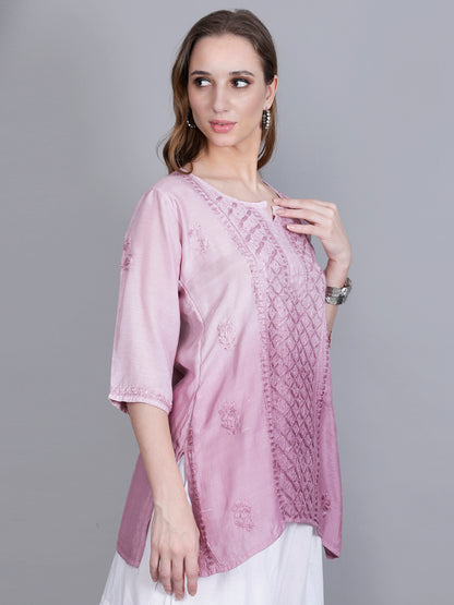 The Chikankari Story Women’s Hand-Embroidered Short Kurti with Fine Lucknowi Panel Work – Ombre Shades in Purple, Green, Brown, Powder Blue & Onion Red.