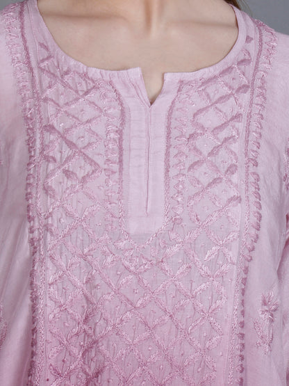 The Chikankari Story Women’s Hand-Embroidered Short Kurti with Fine Lucknowi Panel Work – Ombre Shades in Purple, Green, Brown, Powder Blue & Onion Red.
