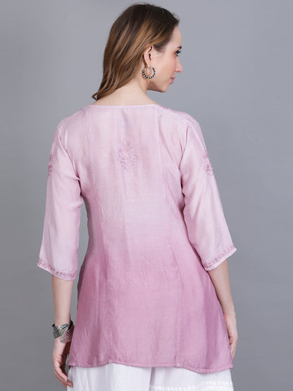 The Chikankari Story Women’s Hand-Embroidered Short Kurti with Fine Lucknowi Panel Work – Ombre Shades in Purple, Green, Brown, Powder Blue & Onion Red.