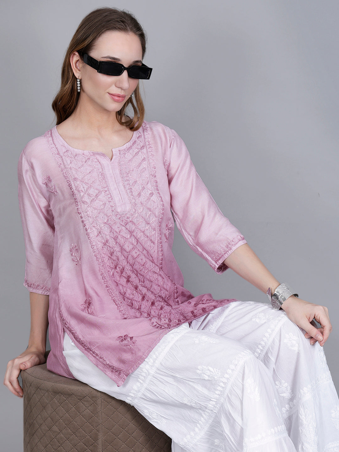 The Chikankari Story Women’s Hand-Embroidered Short Kurti with Fine Lucknowi Panel Work – Ombre Shades in Purple, Green, Brown, Powder Blue & Onion Red.
