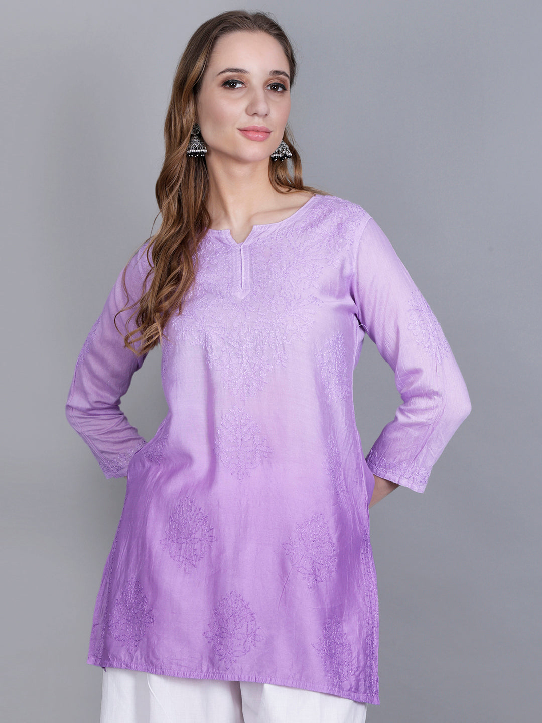 The Chikankari Story Women’s Hand-Embroidered Chanderi Chikankari Short Kurti – 3/4 Sleeve Straight Fit with Bakhhiya Work in Lilac, Pink, Grey, Powder Blue, Brown & Fire Red.