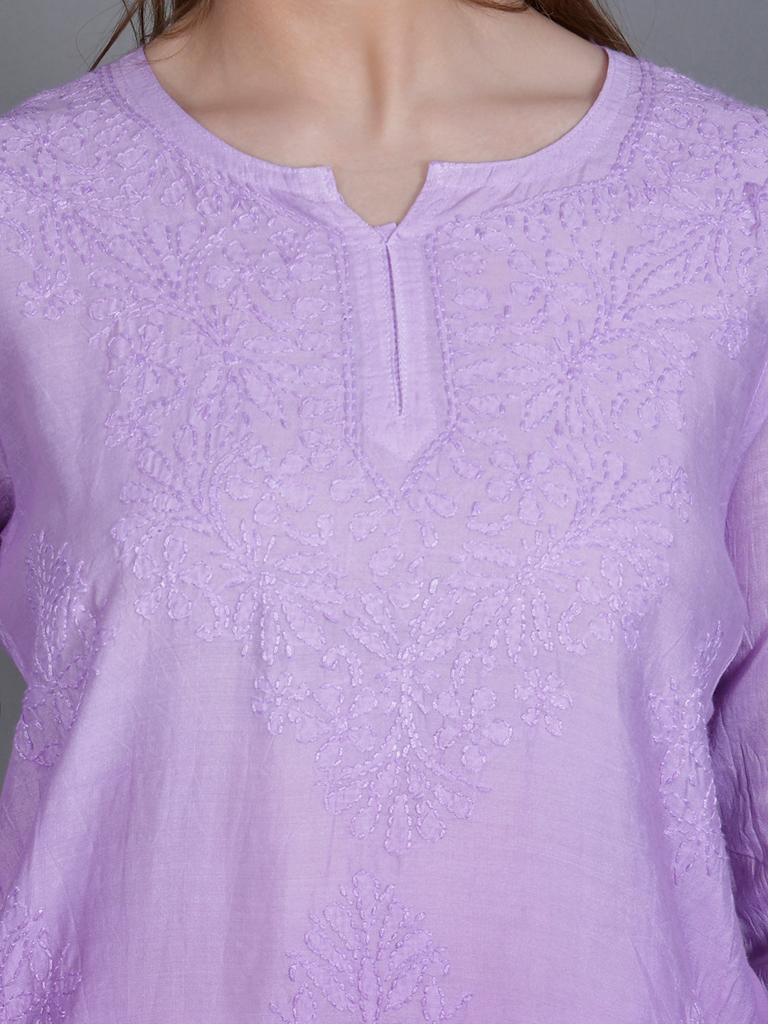 The Chikankari Story Women’s Hand-Embroidered Chanderi Chikankari Short Kurti – 3/4 Sleeve Straight Fit with Bakhhiya Work in Lilac, Pink, Grey, Powder Blue, Brown & Fire Red.
