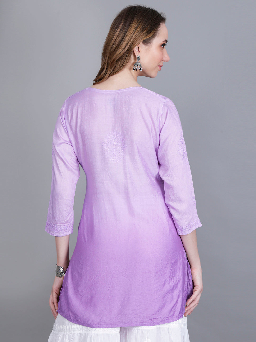 The Chikankari Story Women’s Hand-Embroidered Chanderi Chikankari Short Kurti – 3/4 Sleeve Straight Fit with Bakhhiya Work in Lilac, Pink, Grey, Powder Blue, Brown & Fire Red.