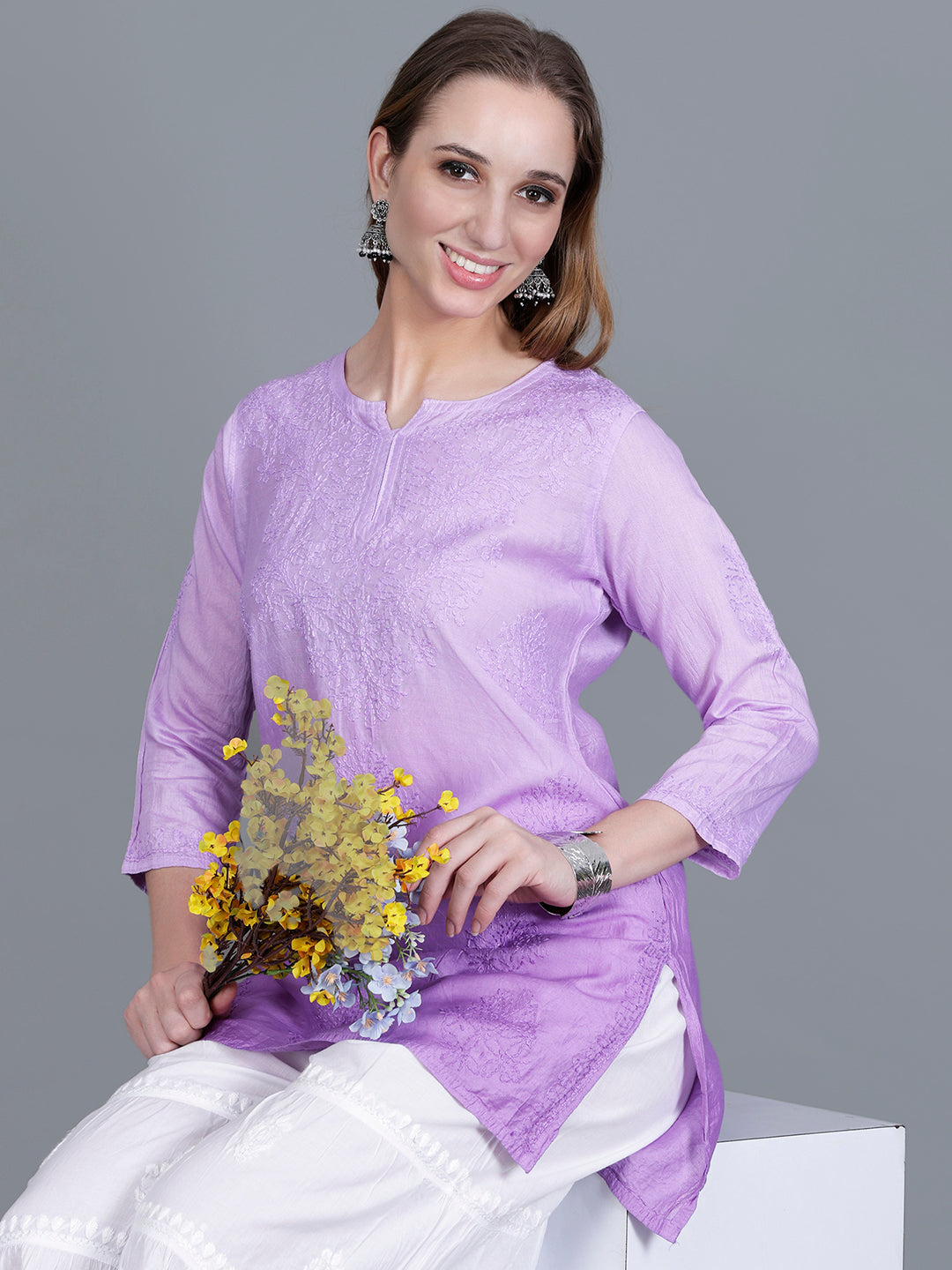 The Chikankari Story Women’s Hand-Embroidered Chanderi Chikankari Short Kurti – 3/4 Sleeve Straight Fit with Bakhhiya Work in Lilac, Pink, Grey, Powder Blue, Brown & Fire Red.