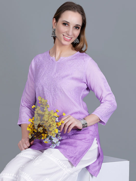 The Chikankari Story Women’s Hand-Embroidered Chanderi Chikankari Short Kurti – 3/4 Sleeve Straight Fit with Bakhhiya Work in Lilac, Pink, Grey, Powder Blue, Brown & Fire Red.