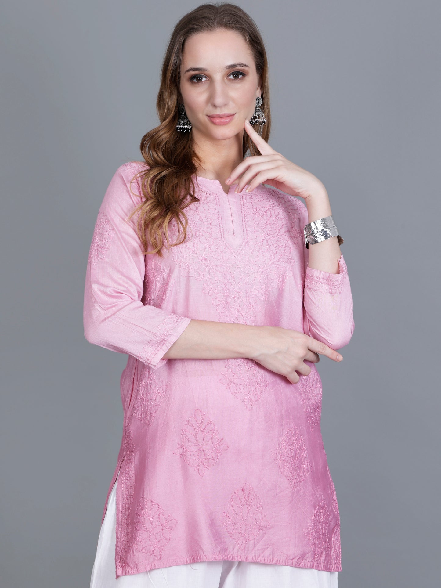 The Chikankari Story Women’s Hand-Embroidered Chanderi Chikankari Short Kurti – 3/4 Sleeve Straight Fit with Bakhhiya Work in Lilac, Pink, Grey, Powder Blue, Brown & Fire Red.